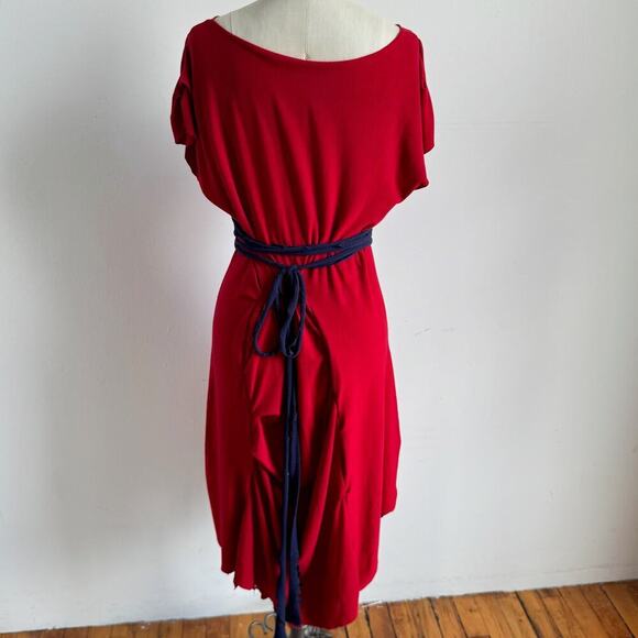 Handmade Red Jersey Asymmetrical Ruched Raw-Edge Dress - Picture 3 of 7